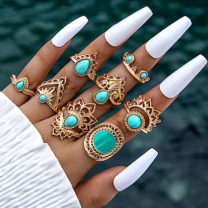 8Pcs 8 Style Synthetic Turquoise Finger Rings Sets, Crown & Flower Alloy Stackable Rings
