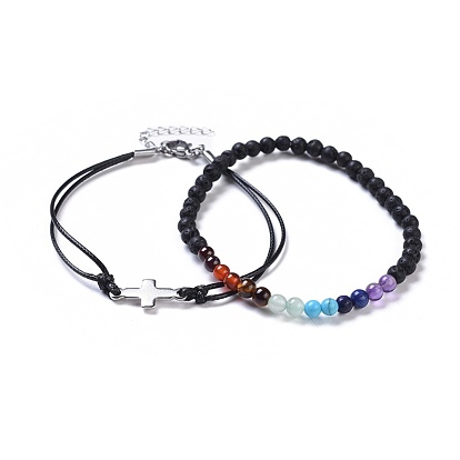 Stackable Bracelets Sets, with Natural & Synthetic Mixed Stone, Stainless Steel Findings and Waxed Polyester Cord