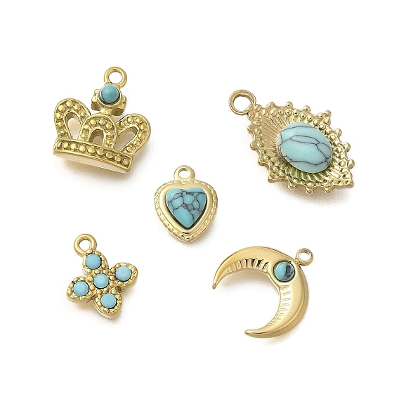 Синтетические бирюзовые подвески, с 304 установками из нержавеющей стали, золотые, рог/корона/крест/ромб/сердце