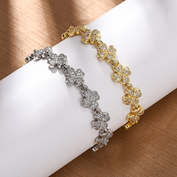 Латунные браслеты с микропаве из прозрачных кубических цирконий для женщин, клевер, без кадмия и без свинца, стойки покрытие, долговечный