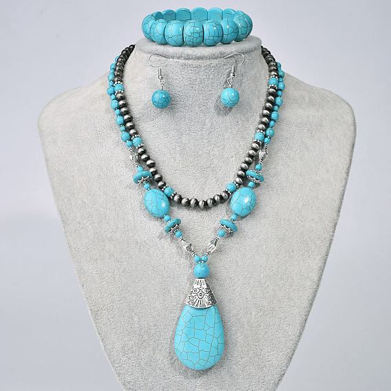 Ожерелья с подвесками из синтетической бирюзы в форме капли, серьги-подвески и наборы из эластичных браслетов, сплав ювелирных изделий