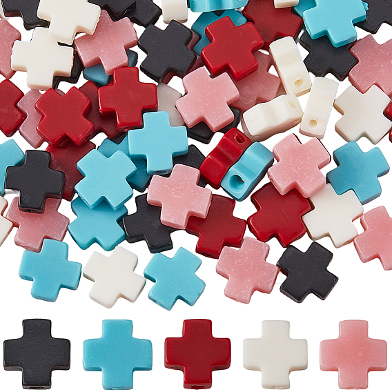 100Pcs 5 Colors Synthetic Coral Beads Strands, Dyed, Cross