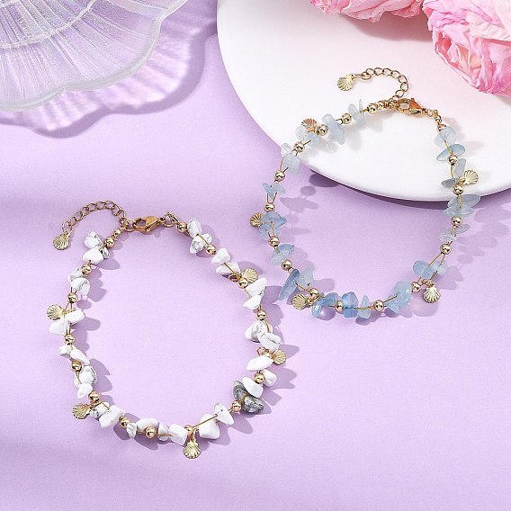 2 шт. 2 стили: синтетический белый говлит и натуральные аквамариновые бусины 304 браслеты на лодыжку из нержавеющей стали для женщин, золотые