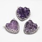 Heart Natural Druzy Amethyst Pendants, with Rhinestone and Brass Findings, Platinum, 29~30x29x11~14mm, Hole: 2mm