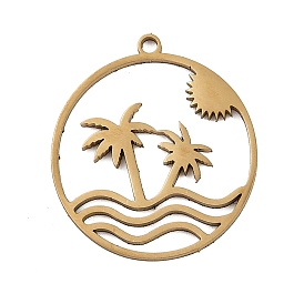 201 подвески из нержавеющей стали, плоский круглый с подвеской из кокосовой пальмы, лазерная резка