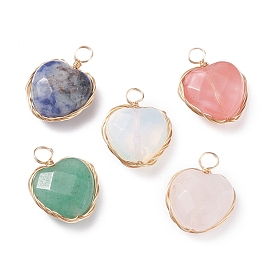Faceted Heart Gemstone Pendants, with Real 18K Gold Plated Copper Wire Wrapped