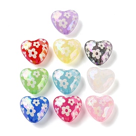 UV Plating Printed Opaque Acrylic Beads, Iridescent, Heart with Flower Pattern