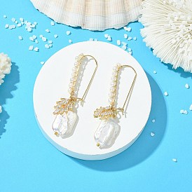 Серьги-кольца из натурального барочного жемчуга и латуни., с четким кубического циркония, Прямоугольник с листа