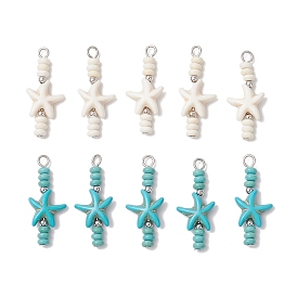 10 шт. 2 цвета подвески из синтетической бирюзы с морскими звездами и рондель, с железными петлями, платина