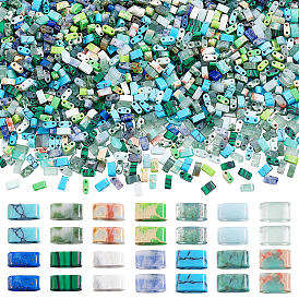 140Pcs 14 Styles Natural & Synthetic Mixed Gemstone Beads, 2-Hole, Rectangle, Mixed Dyed and Undyed