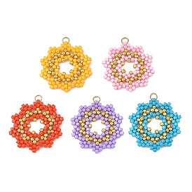 Glass Seed Beaded Pendants, Flower Charm, with 304 Stainless Steel Open Jump Rings