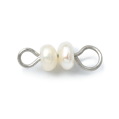Natural Cultured Freshwater Pearl Connector Charms, Potato Links, with Stainless Steel Color Plated Brass Double Loops