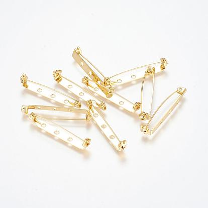 Grade AAA Brass Brooch Findings, Back Bar Pins, with Three Holes, Cadmium Free & Nickel Free & Lead Free, 40x5x7mm, Hole: 2mm, Pin: 1mm