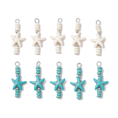 10 шт. 2 цвета подвески из синтетической бирюзы с морскими звездами и рондель, с железными петлями, платина