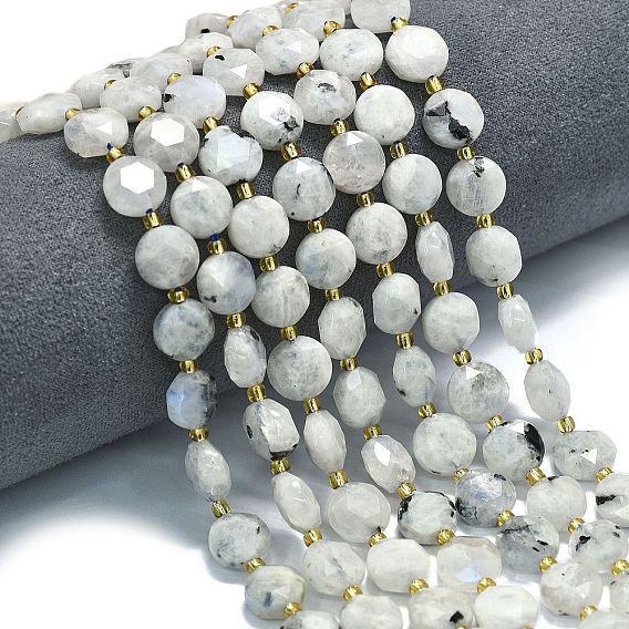 Бусины из натурального радужного лунного камня, граненый шестиугольный разрез, плоско-круглые, с бисером