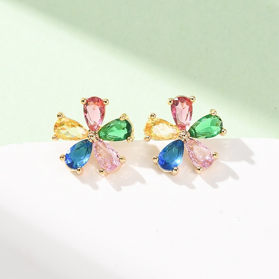 Brass Micro Pave Cubic Zirconia Stud Earrings for Women, Flower