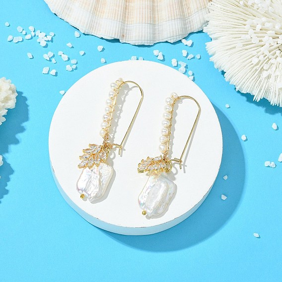 Серьги-кольца из натурального барочного жемчуга и латуни., с четким кубического циркония, Прямоугольник с листа