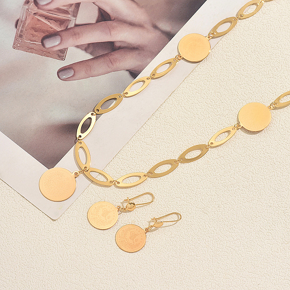 Conjunto de collar y pendientes con colgante de moneda de hierro vintage para mujer, ideal para fiestas y ocasiones formales.