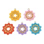 Glass Seed Beaded Pendants, Flower Charm, with 304 Stainless Steel Open Jump Rings
