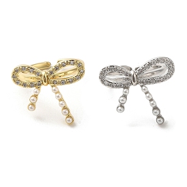 Brass Micro Pave Cubic Zirconia Open Cuff Rings for Women, with ABS Plastic Imitation Pearl Beads, Bowknot