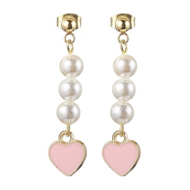 Natural Shell Pearl Dangle Earrings, with Alloy Enamel Heart Pendants and 304 Stainless Steel Stud Earring Findings