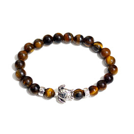 Natural & Synthetic Mixed Stone Round Beaded Stretch Bracelet with Turtle