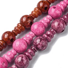 Dyed Natural Fossil 3-Hole Guru Bead Strands, for Buddhist Jewelry Making, T-Drilled Beads