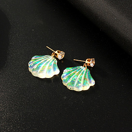 Exquisite Shell Earrings with Unique Resin Tree Design and Long Fan-shaped Pendants