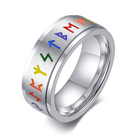 Rainbow Color Pride Flag Rune Words Odin Norse Viking Amulet Enamel Rotating Ring, Stainless Steel Fidge Spinner Ring for Stress Anxiety Relief