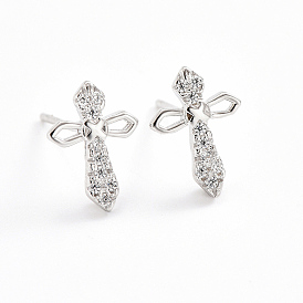 925 Sterling Silver Cross Stud Earrings, with Clear Cubic Zirconia