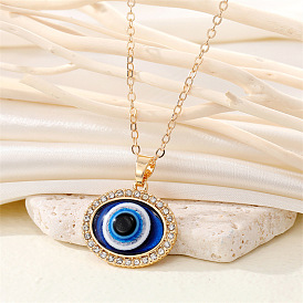 Vintage Minimalist Oval Eye Necklace with Blue Turkish Evil Eye Pendant