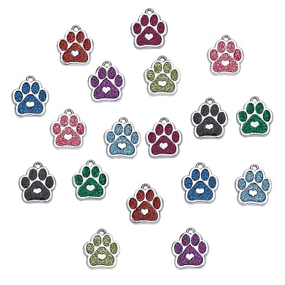 Enamel Pendants, with Platinum Plated Alloy Findings and Glitter Powder, Dog Paw Prints with Heart