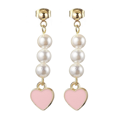 Shell Pearl Dangle Earrings, with Alloy Enamel Heart Pendants and 304 Stainless Steel Stud Earring Findings