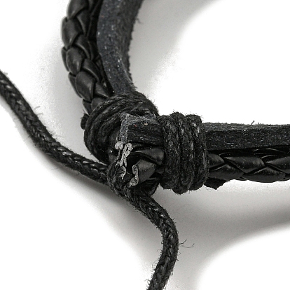 PU Leather & Waxed Cords Triple Layer Multi-strand Bracelets, Braided Adjustable Bracelet Alloy Rectangle Links