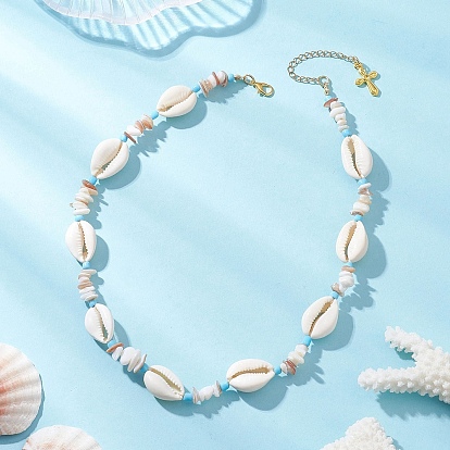 Ожерелья из натуральных морских ракушек каури, щепок и стеклянного бисера., с подвесками в виде креста из сплава, золотые