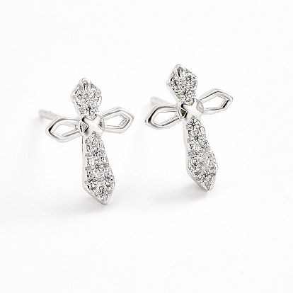 925 Sterling Silver Cross Stud Earrings, with Clear Cubic Zirconia