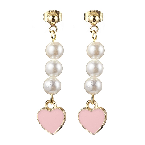 Shell Pearl Dangle Earrings, with Alloy Enamel Heart Pendants and 304 Stainless Steel Stud Earring Findings