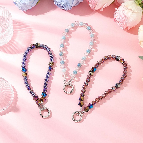 3Pcs Electroplate Transparent Glass Pendant Decorations, Round, with Zinc Alloy