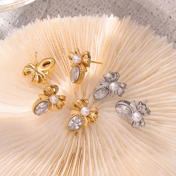 Серьги-гвоздики из нержавеющей стали с бантом, с прозрачным фианитом и искусственным жемчугом