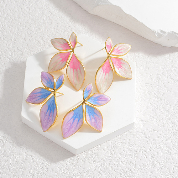 304 из нержавеющей стали листьев серьги стержня, с эмалью, лист, золотые