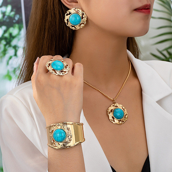 Ожерелье с подвеской из круглого сплава и синтетической бирюзы, серьги-гвоздики, браслет-манжета и комплекты колец