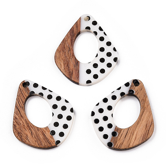Printed Opaque Resin & Walnut Wood Pendants, Hollow Kite Charm with Polka Dot Pattern