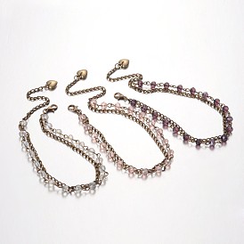 Trendy Glass Beads Anklets, with Iron Chains, Tibetan Style Alloy Heart Charm and Lobster Claw Clasps, 230mm