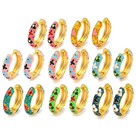 Rack Plating Brass Hoop Earrings, with Flower Enamel, Cadmium Free & Lead Free, Long-Lasting Plated, Real 18K Gold Plated