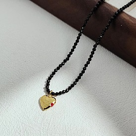 Black Crystal Love Heart Handmade Beaded Necklace - Non-fading Gemstone Collar Chain.