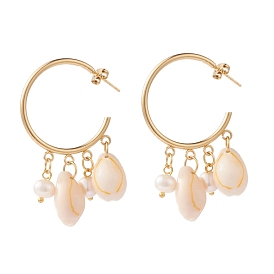 304 Stainless Steel Half Hoop Earrings, Stud Earrings, with Ear Nuts, Natural Cowrie Shell Beads and Pearl Beads, Seashell Color