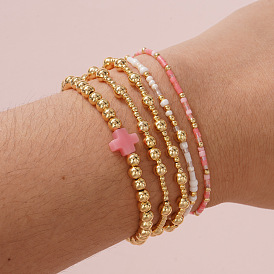 5шт. 5 виды браслетов из латуни, пластика и стеклянных бусин, эластичные браслеты, браслеты с подвесками в виде ракушек и крестов для женщин