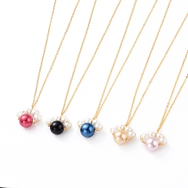 Pendant Necklaces, with Glass Pearl Round Beads, Golden Plated Brass Cable Chain and Spring Ring Clasps, Dog Paw Prints
