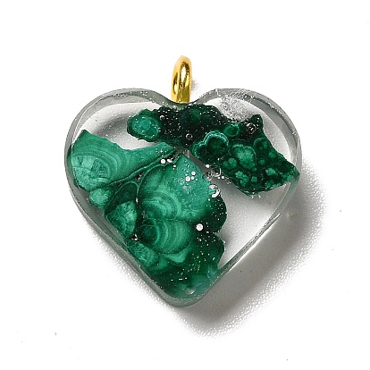Transparent Resin Pendants, Heart Charms, with Synthetic Dyed Malachite Inside, Golden
