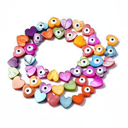 Natural Freshwater Shell Beads Strands, with Enamel, Dyed, Heart with Evil Eye